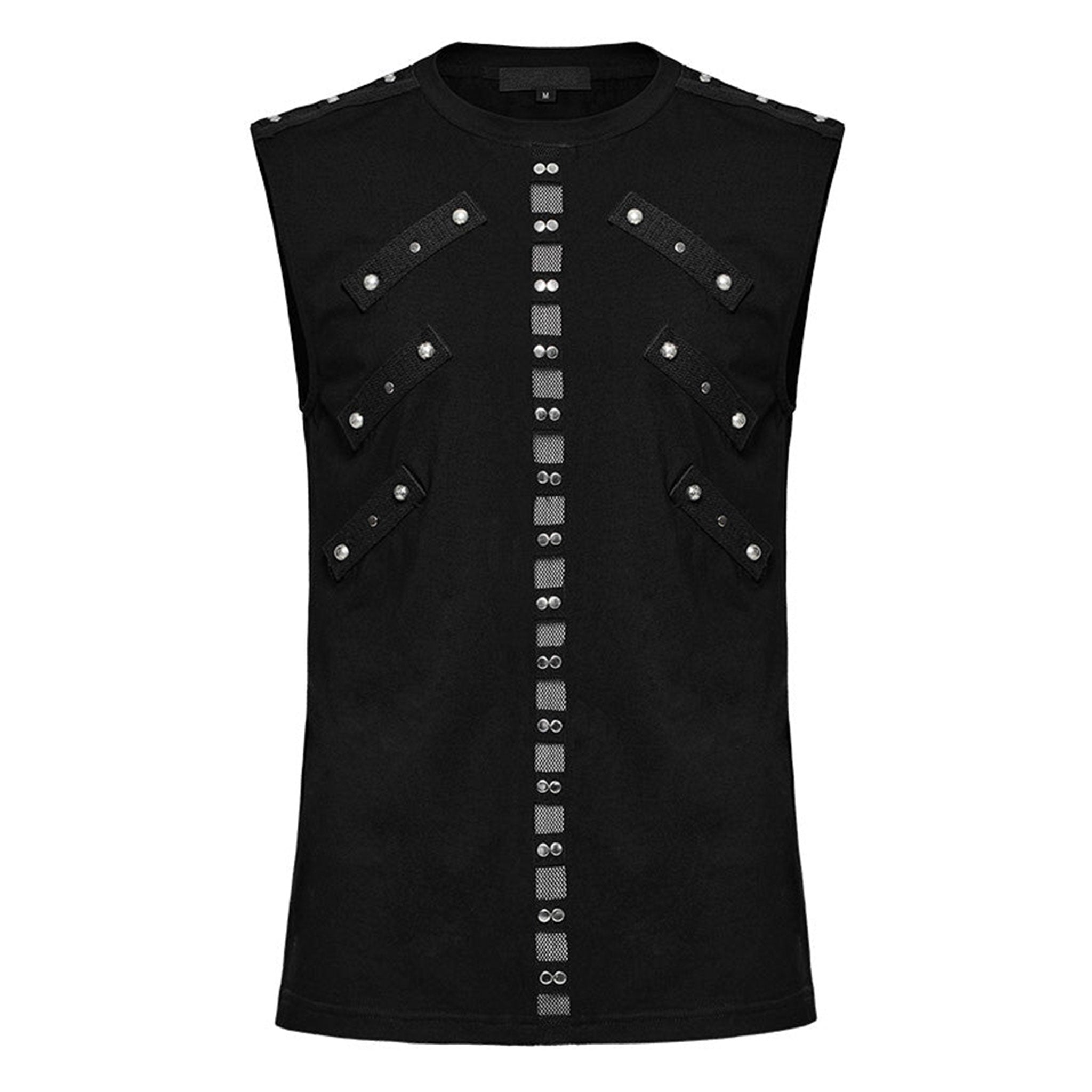 Spandex elastane cotton mesh apparel top tank-top sleeveless studs studded clean structured stretchy comfortable fitted bold edgy fetish fashion alt-fashion alternative punk goth gothic cyber festivalwear rave ravewear streetwear afterdark-collection male masculine masc mens menswear guys dudes black 