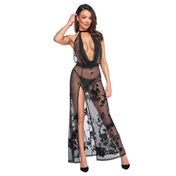 Sheer mesh elastic dress maxi open back velvet flocking trim collar flowy flowing leg-slit leg slit queen curvy black