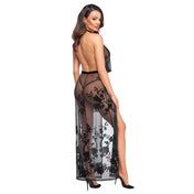 Sheer mesh elastic dress maxi open back velvet flocking trim collar flowy flowing leg-slit leg slit queen curvy black