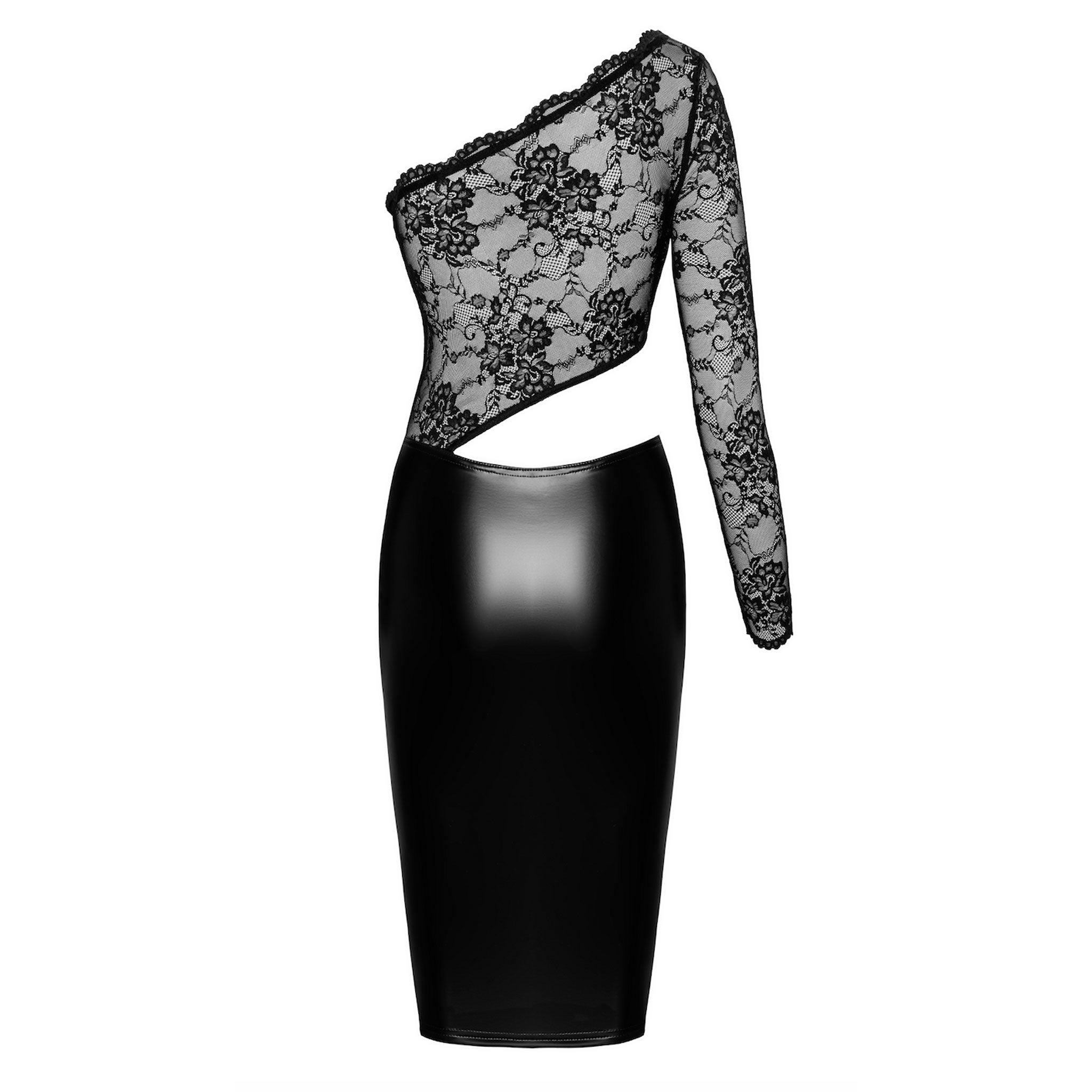 Wetlook power powerwetlook transparent lace pencil midi dress single long-sleeve asymmetrical top cut-out cut-outs flippable elegant edgy sleek unique noir black