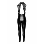 Wetlook power powerwetlook jumpsuit catsuit sleeveless halter high collar open back lace elastic shoulders keyhole deep cleavage décolletage elegance noir black