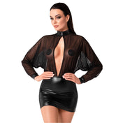 Wetlook power powerwetlook mini dress minidress mini-dress sheer transparent mesh long-sleeve long-sleeved long sleeves sleeved sleeves long-sleeves relaxed high button collar cuffs snap-button press-button open back keyhole neckholder elastic elegant noir black