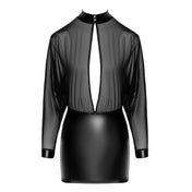 Wetlook power powerwetlook mini dress minidress mini-dress sheer transparent mesh long-sleeve long-sleeved long sleeves sleeved sleeves long-sleeves relaxed high button collar cuffs snap-button press-button open back keyhole neckholder elastic elegant noir black