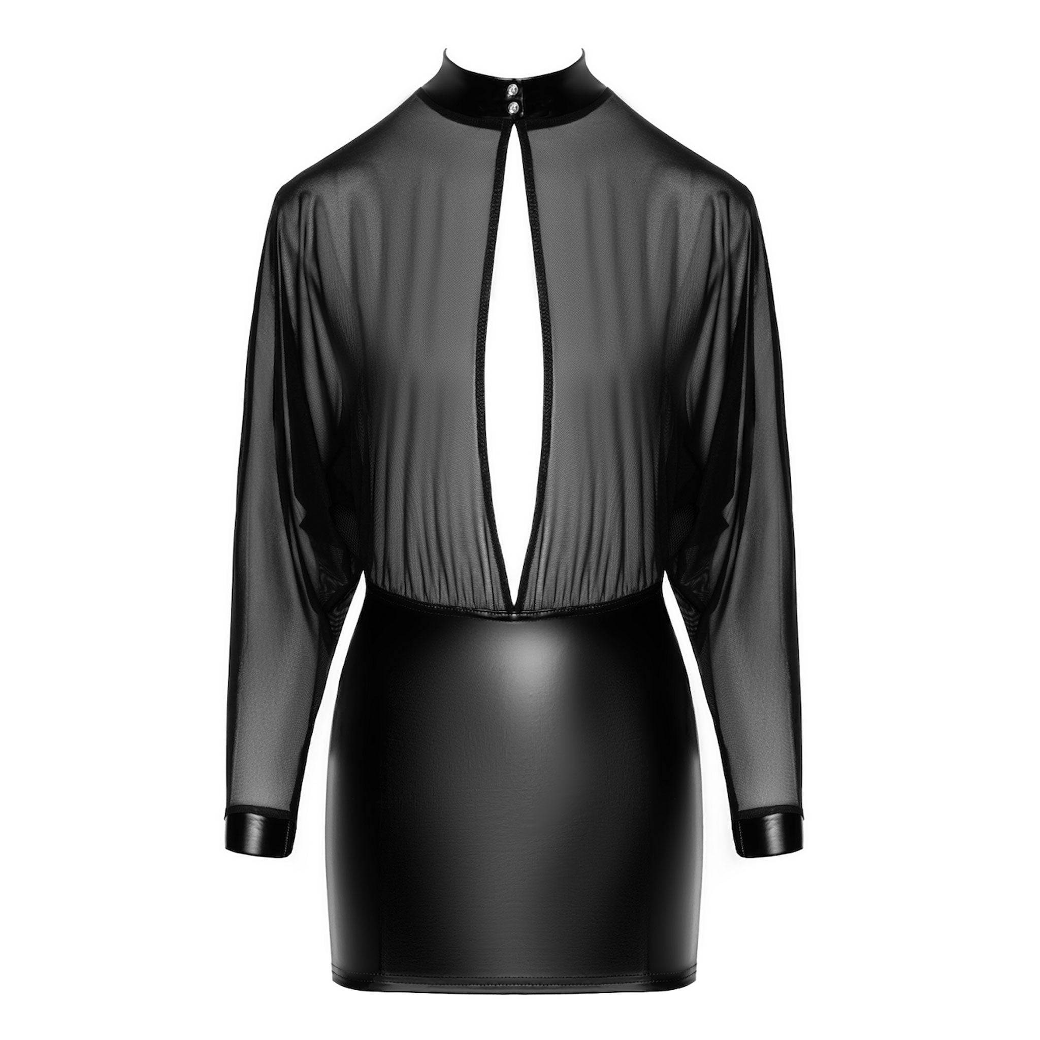 Wetlook power powerwetlook mini dress minidress mini-dress sheer transparent mesh long-sleeve long-sleeved long sleeves sleeved sleeves long-sleeves relaxed high button collar cuffs snap-button press-button open back keyhole neckholder elastic elegant noir black