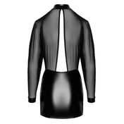 Wetlook power powerwetlook mini dress minidress mini-dress sheer transparent mesh long-sleeve long-sleeved long sleeves sleeved sleeves long-sleeves relaxed high button collar cuffs snap-button press-button open back keyhole neckholder elastic elegant noir black