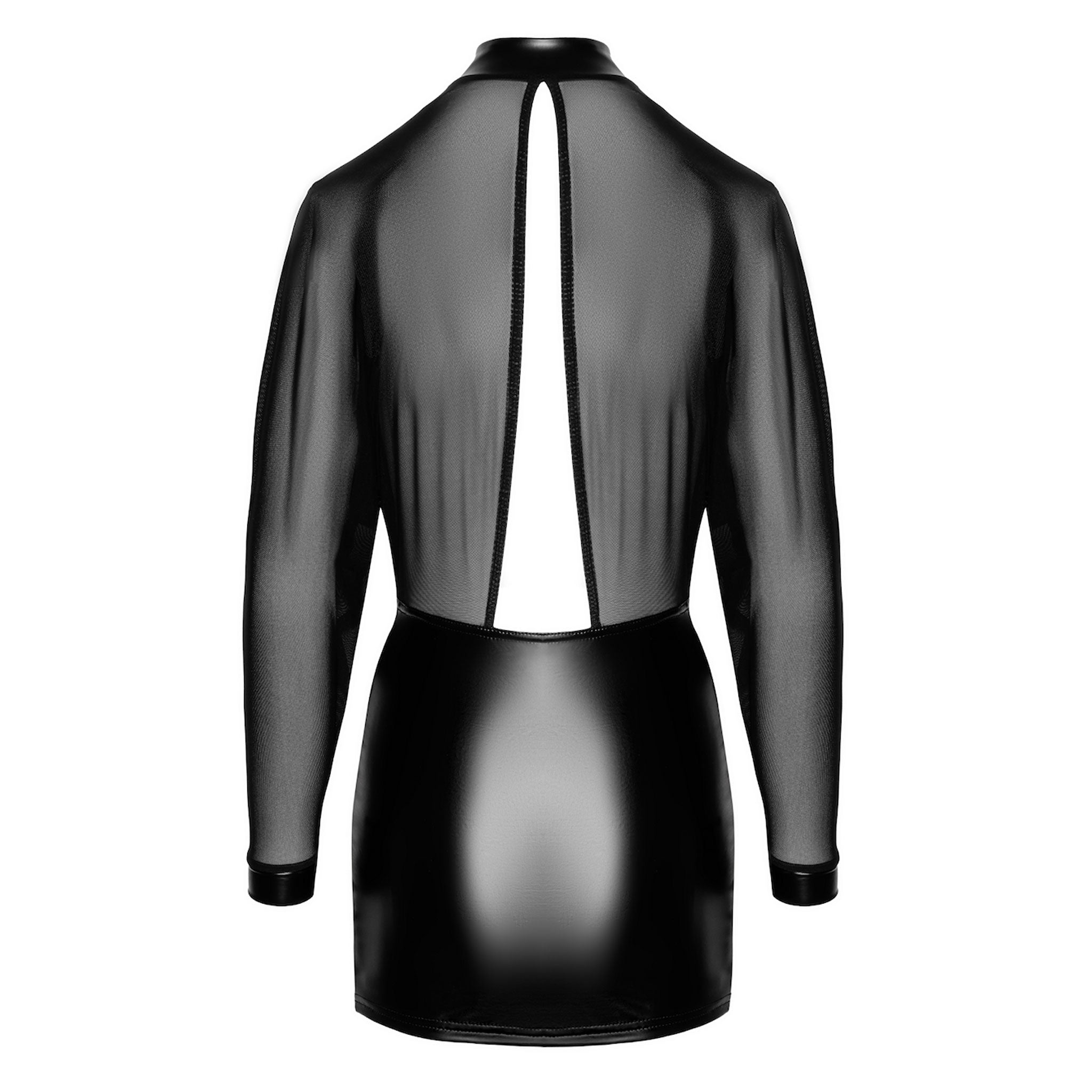 Wetlook power powerwetlook mini dress minidress mini-dress sheer transparent mesh long-sleeve long-sleeved long sleeves sleeved sleeves long-sleeves relaxed high button collar cuffs snap-button press-button open back keyhole neckholder elastic elegant noir black