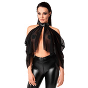 Sheer mesh transparent top bolero layered off-shoulder sleeveless neckholder snap-button push-button high neck collar lightweight relaxed flowing noir black 