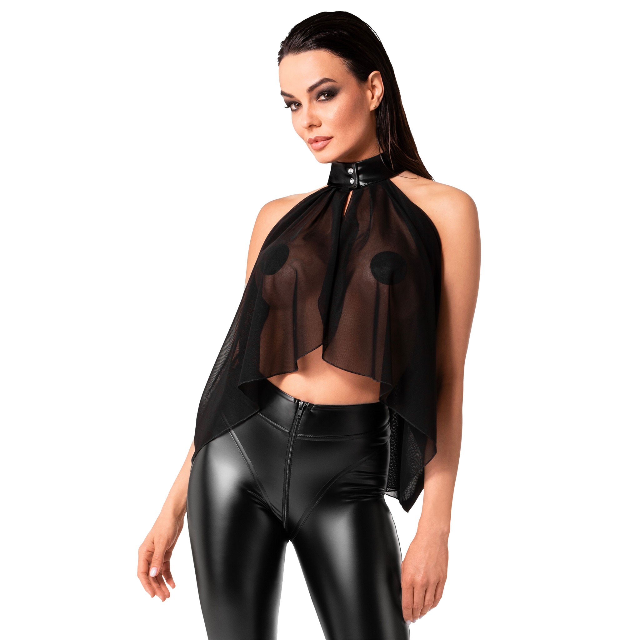 Sheer mesh transparent top bolero layered off-shoulder sleeveless neckholder snap-button push-button high neck collar lightweight relaxed flowing noir black 