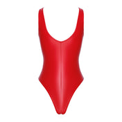 PVC vinyl wetlook power powerwetlook elastic matte bodysuit high-rise high rise cut high-cut leg deep scoop neckline décolletage cleavage noir red