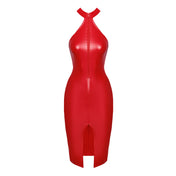 PVC vinyl wetlook power powerwetlook matte finish midi dress mididress midi-dress high halter neck sleeveless neckholder collar front vent zipper sexy edgy noir red