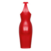 PVC vinyl wetlook power powerwetlook matte finish midi dress mididress midi-dress high halter neck sleeveless neckholder collar front vent zipper sexy edgy noir red