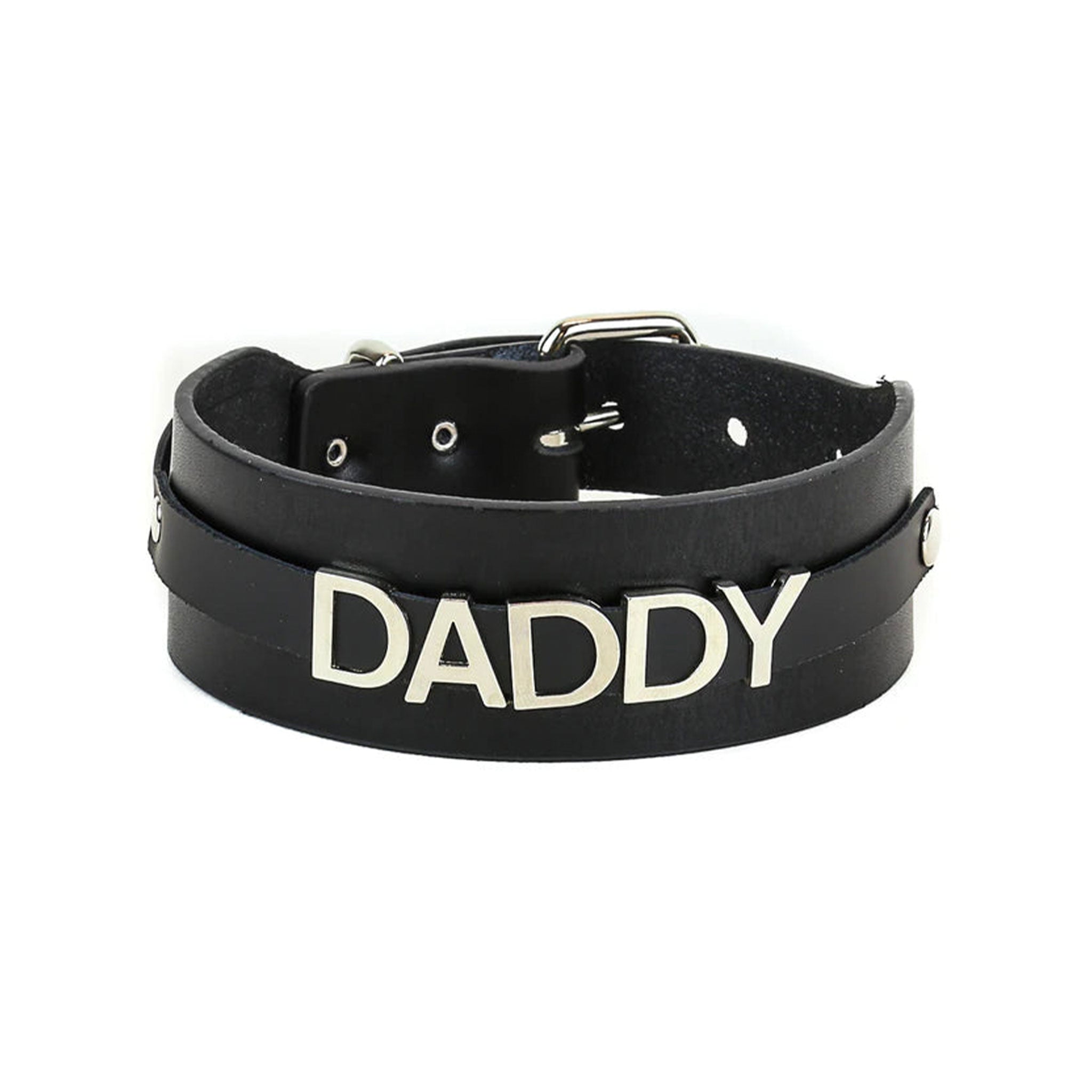 Double layer leather choker collar necklace statement name daddy accessories black silver letters