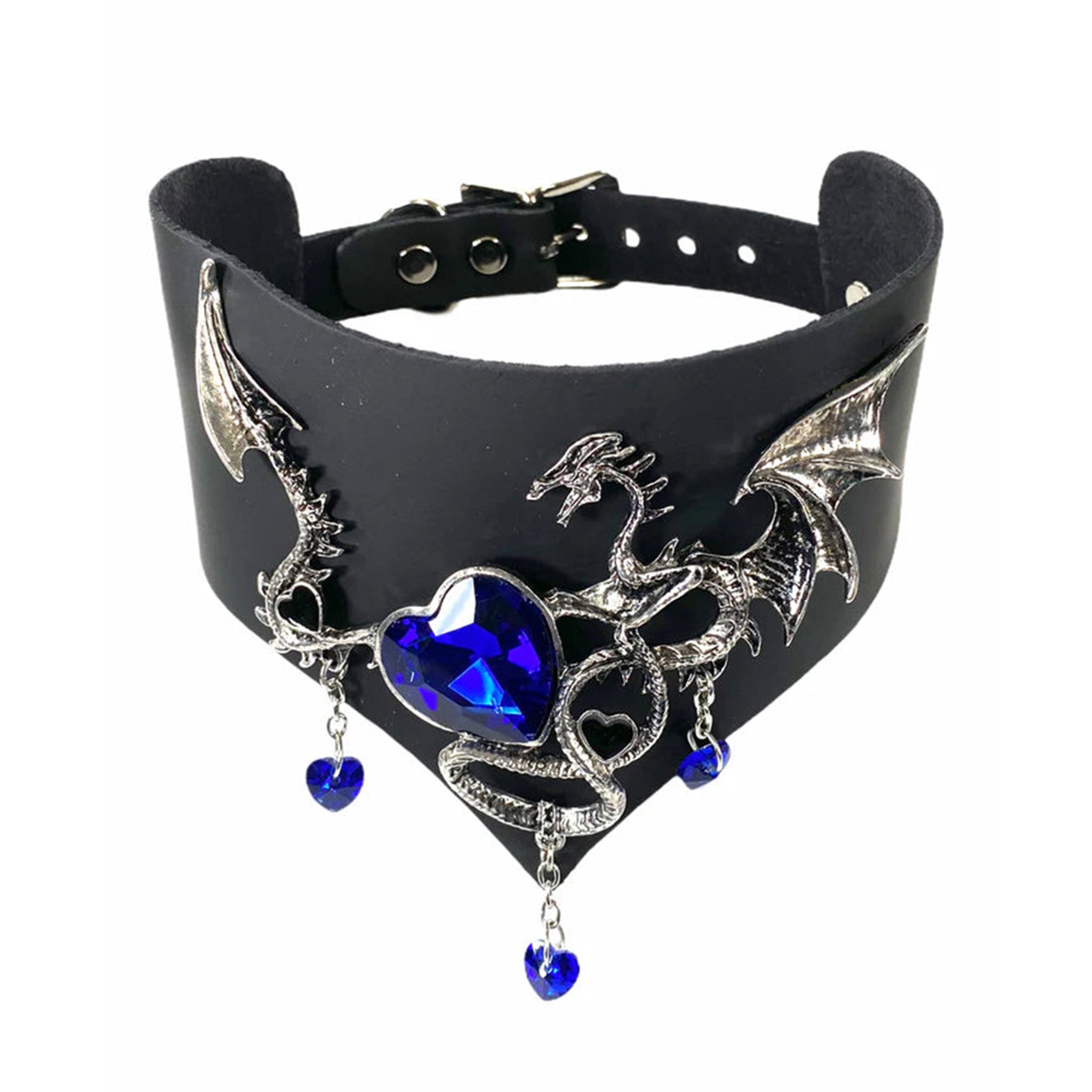 Faux leather collar choker posture pewter dragon resin sapphire heart gem accessories jewelry halloween black