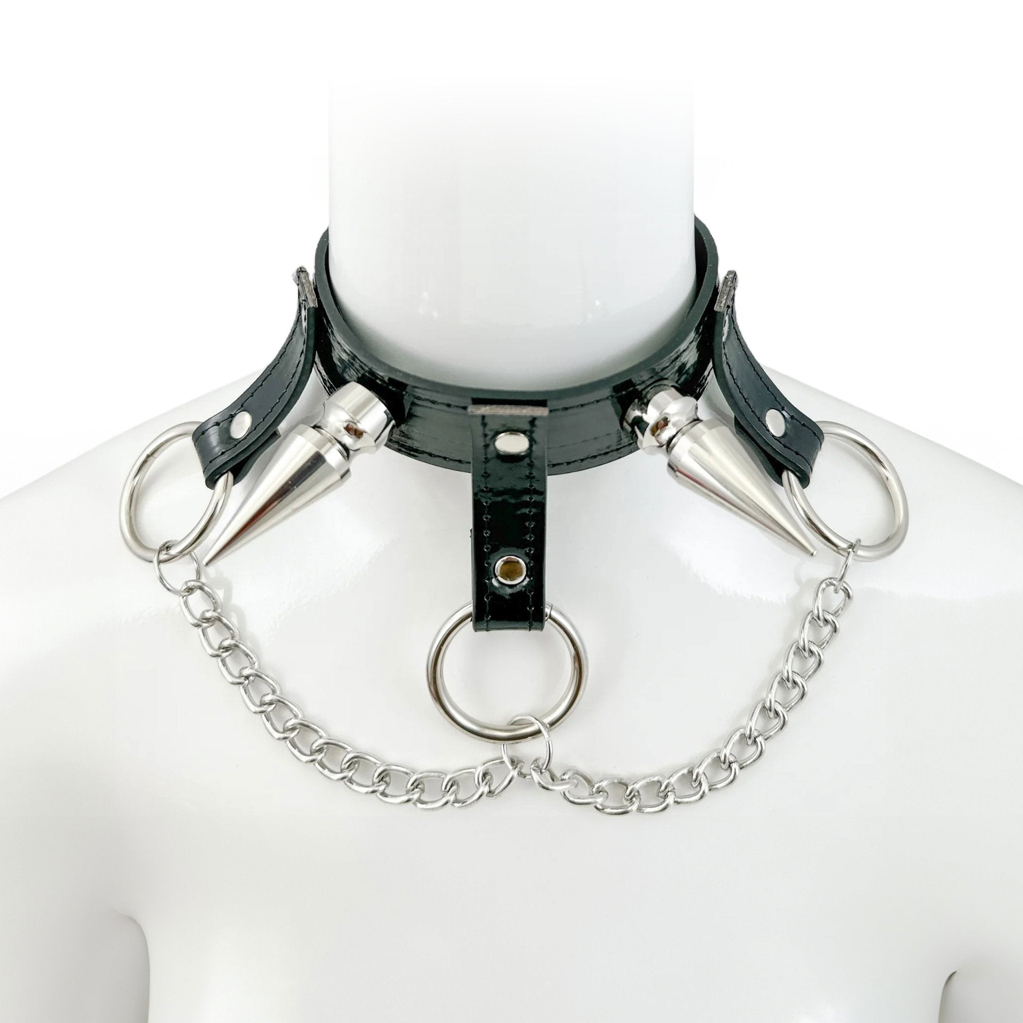 Patent leather collar choker glossy drop strap chain spikes punk rave industrial bondage bdsm O-ring black