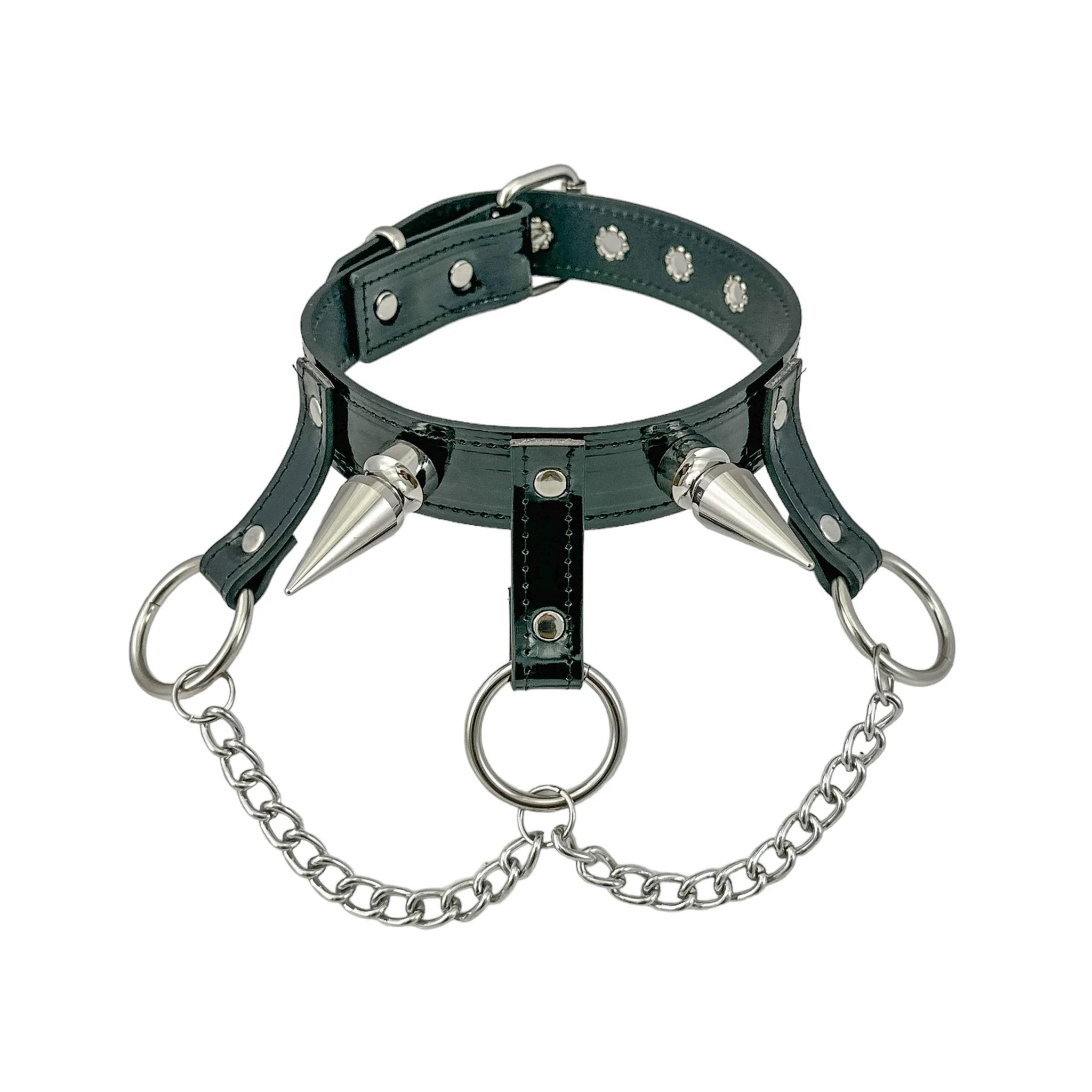 Patent leather collar choker glossy drop strap chain spikes punk rave industrial bondage bdsm O-ring black