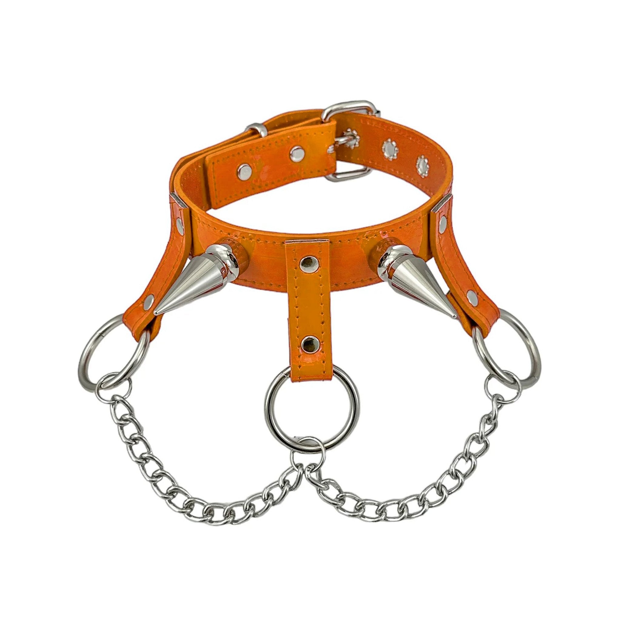 Patent leather collar choker glossy drop strap chain spikes punk rave industrial bondage bdsm O-ring orange