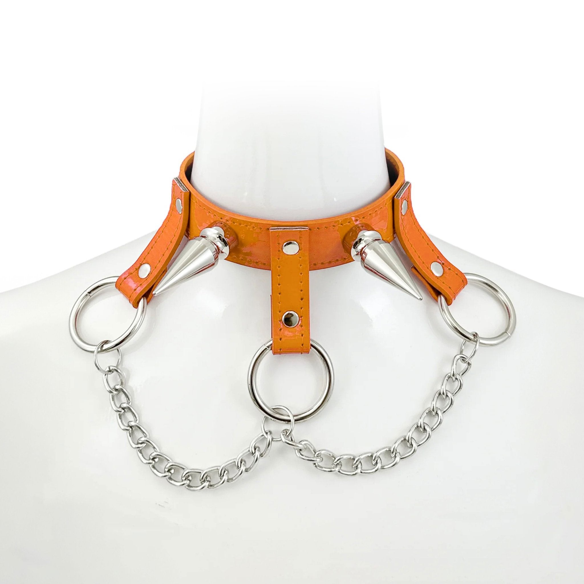 Patent leather collar choker glossy drop strap chain spikes punk rave industrial bondage bdsm O-ring orange