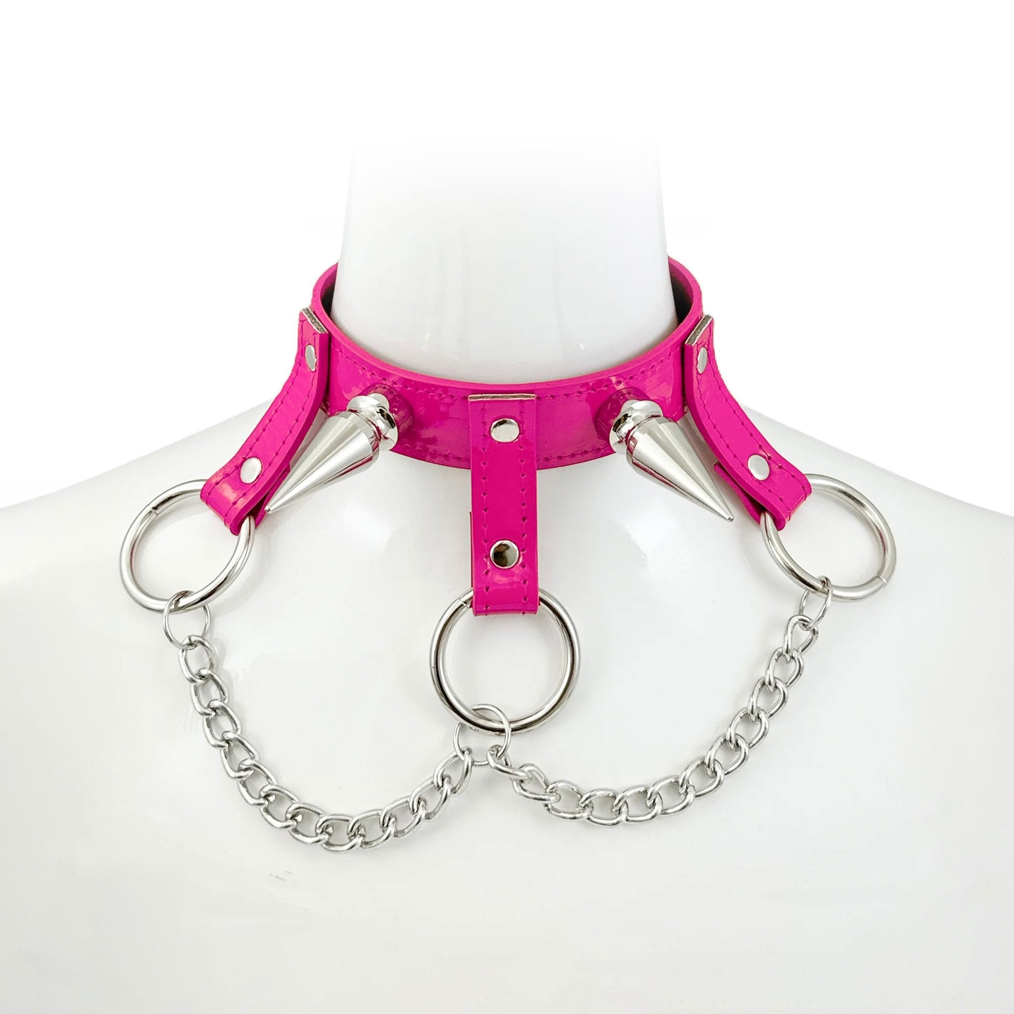 Patent leather collar choker glossy drop strap chain spikes punk rave industrial bondage bdsm O-ring pink