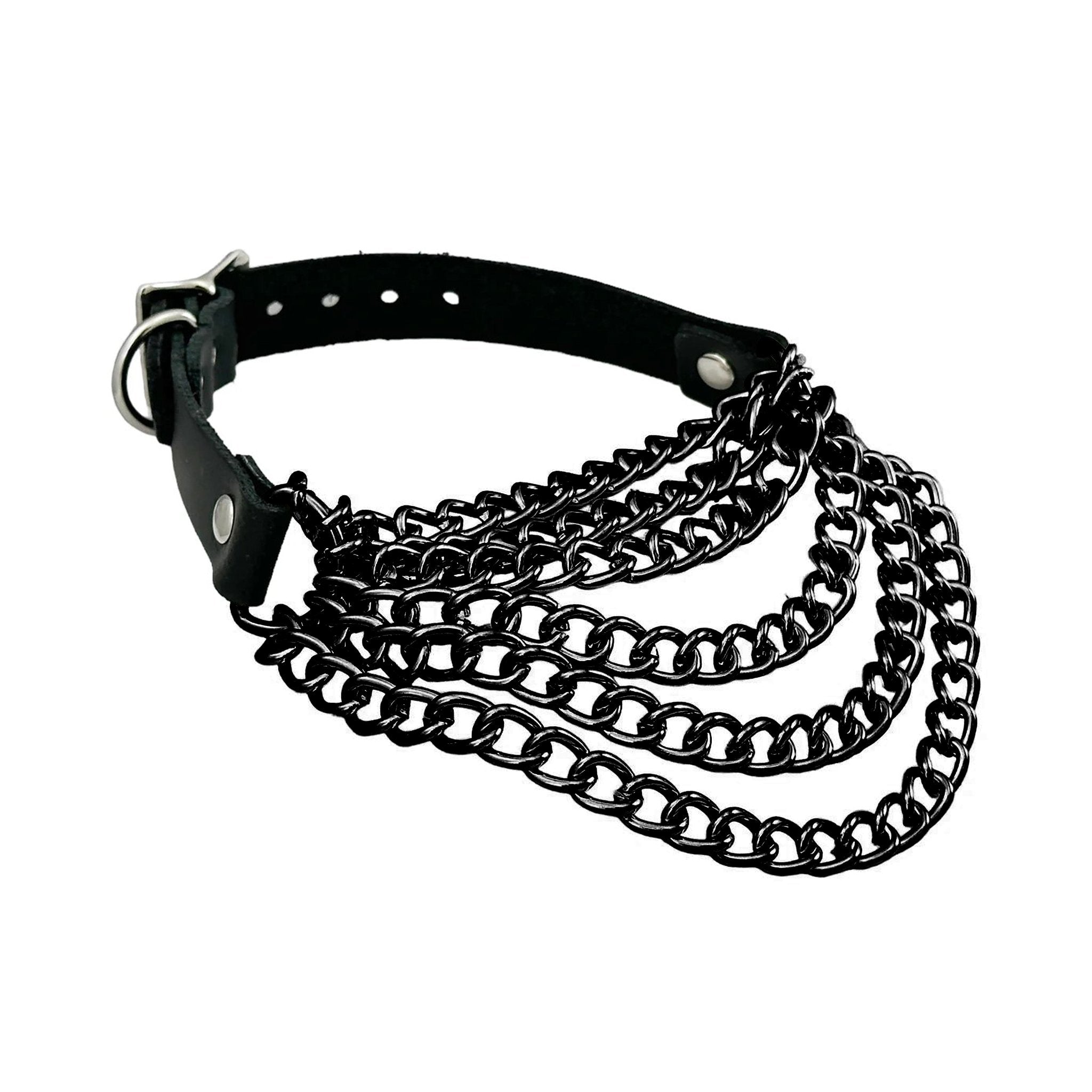 Vegan leather choker collar necklace hanging chains multi-layer alt-fashion punk accessories black