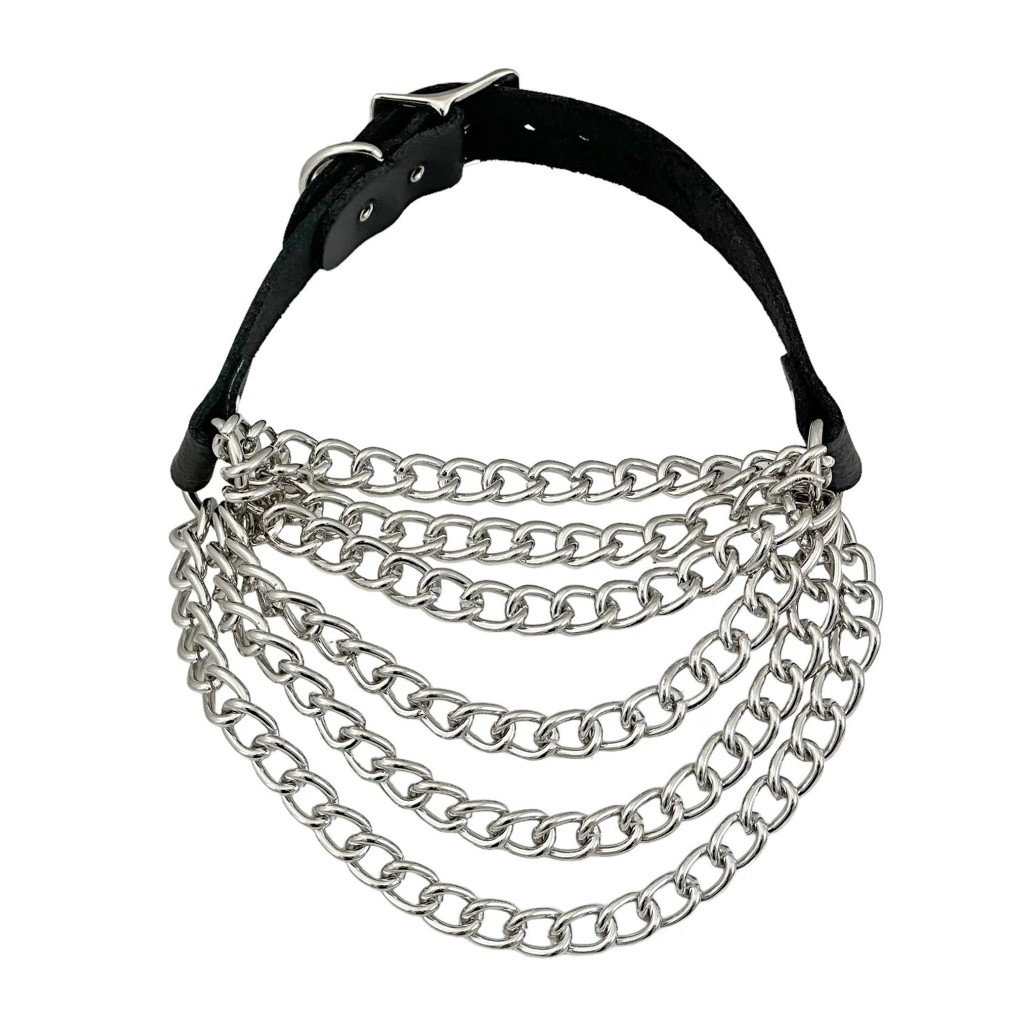 Vegan leather choker collar necklace hanging chains multi-layer alt-fashion punk accessories silver