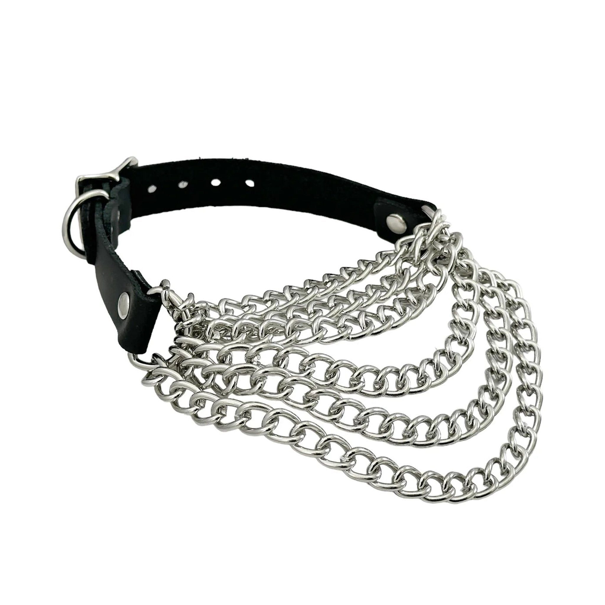 Vegan leather choker collar necklace hanging chains multi-layer alt-fashion punk accessories silver