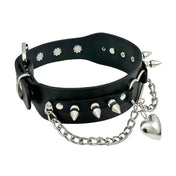 Genuine leather double-layer choker collar puffy heart pendant O-ring spikes hanging chains alt-fashion punk goth accessories black