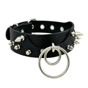 Genuine leather choker collar bat patch spikes double O-ring bdsm bondage accessories black