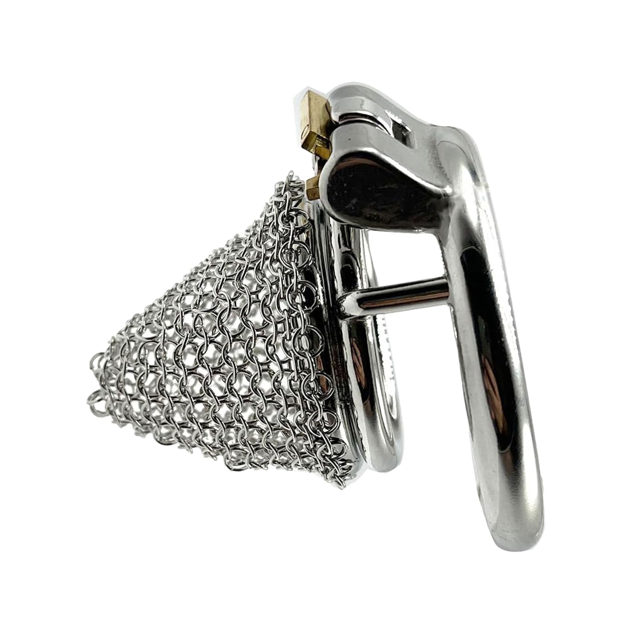 Stainless steel chain mail metal metallic net flexible cock cage male chastity lock silver