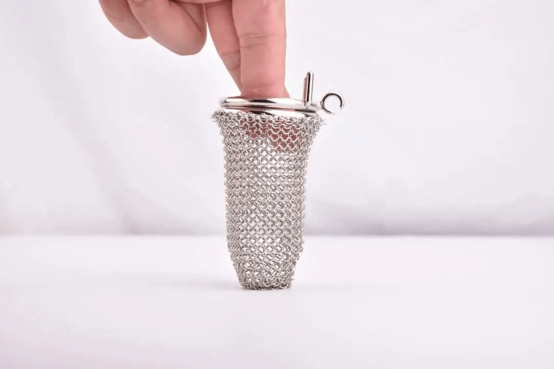 Stainless steel chain mail metal metallic net flexible cock cage male chastity lock silver