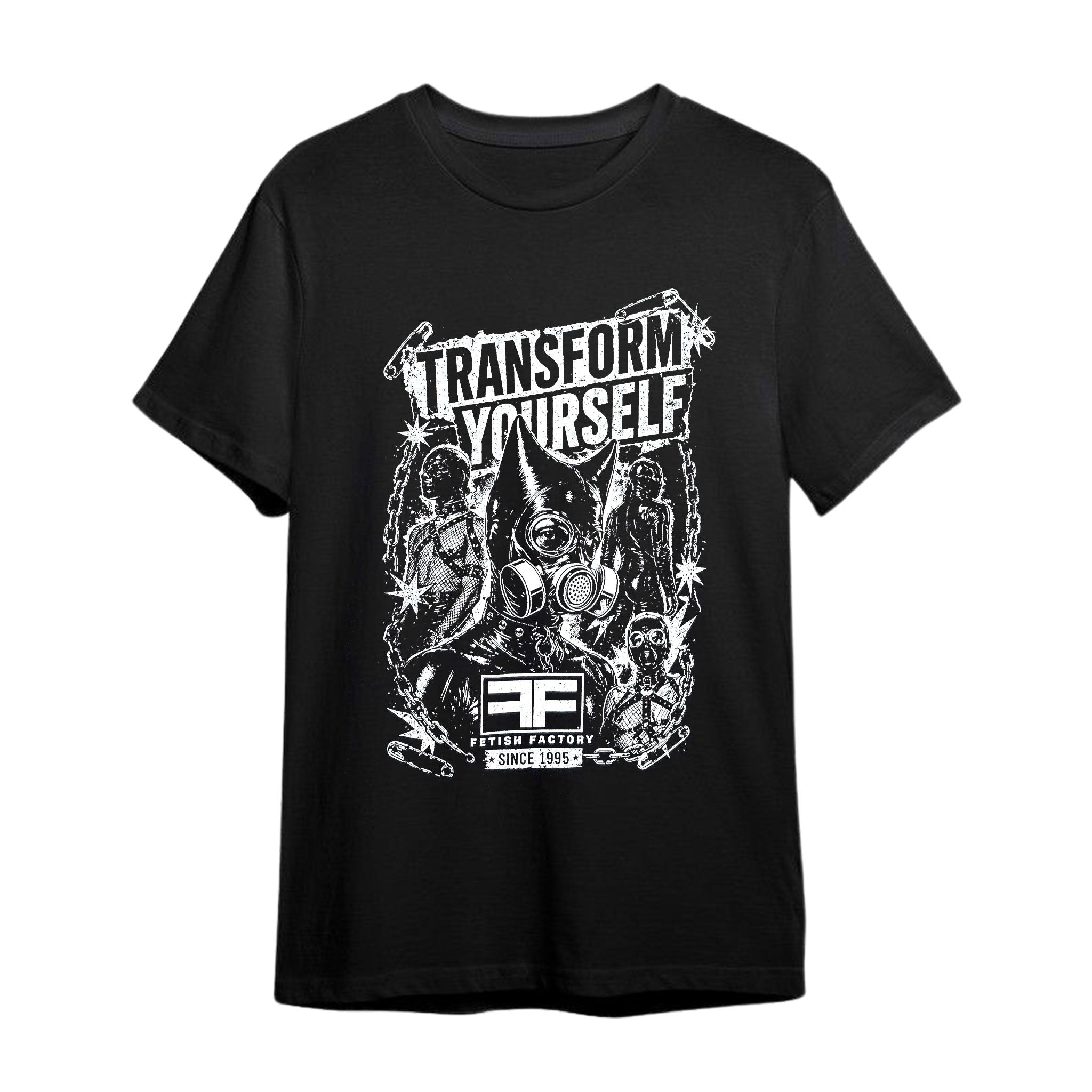 Cotton apparel tops shirt t-shirt tshirt short-sleeve shortsleeve sleeves sleeved crewneck crew-neck transform-yourself chains safety-pin ff-logo logo-gear branded branding grungy fetish fashion alt-fashion punk goth gothic bondage bdsm bdsm-gear kink kinky kinky-gear kinkwear clubwear unisex black