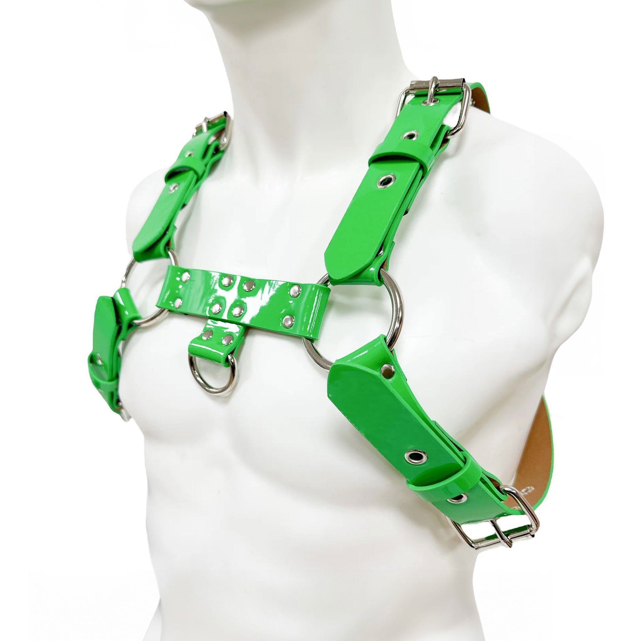 Patent leather chest harness top bulldog D-ring O-ring buckled unisex costume pet training accessories neon-green