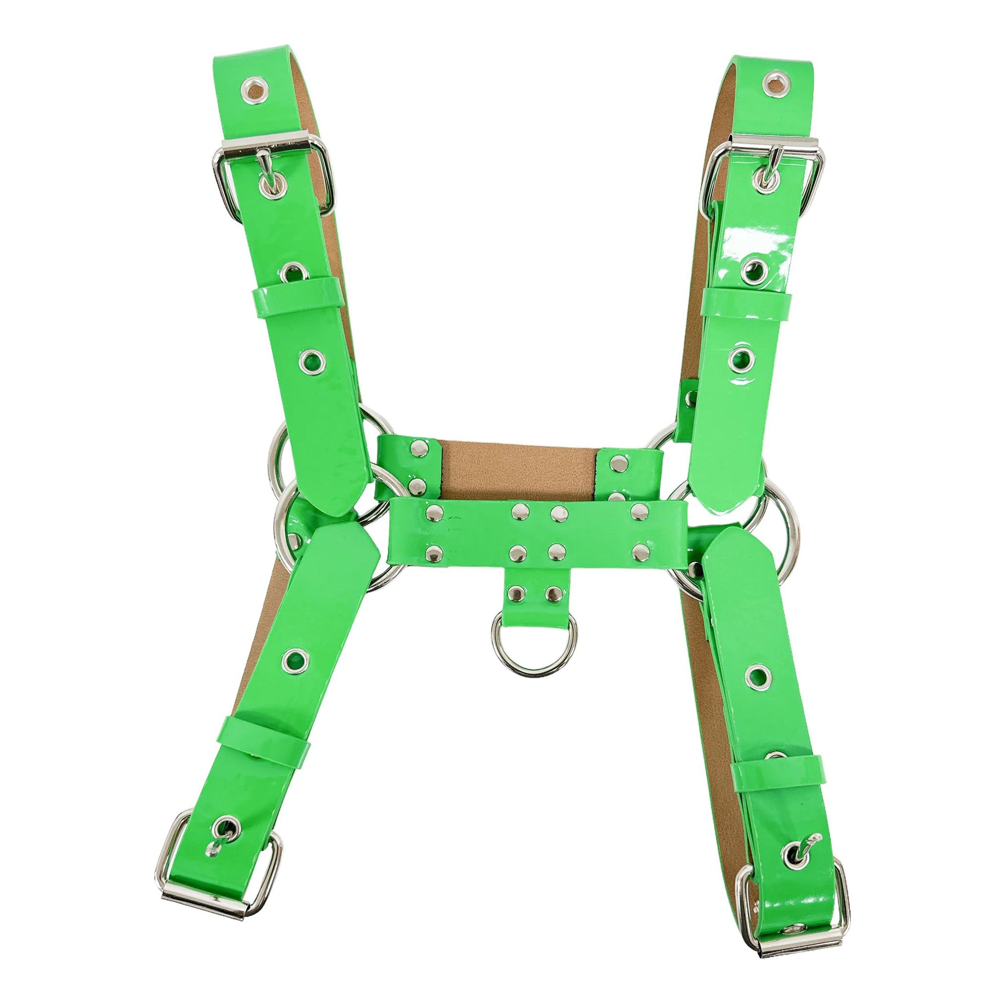 Patent leather chest harness top bulldog D-ring O-ring buckled unisex costume pet training accessories neon-green