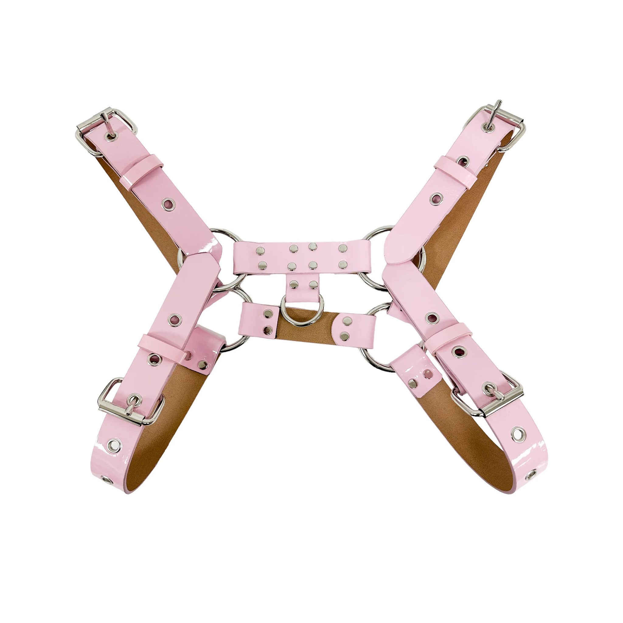 Patent leather chest harness top bulldog D-ring O-ring buckled unisex costume pet training accessories baby-pink