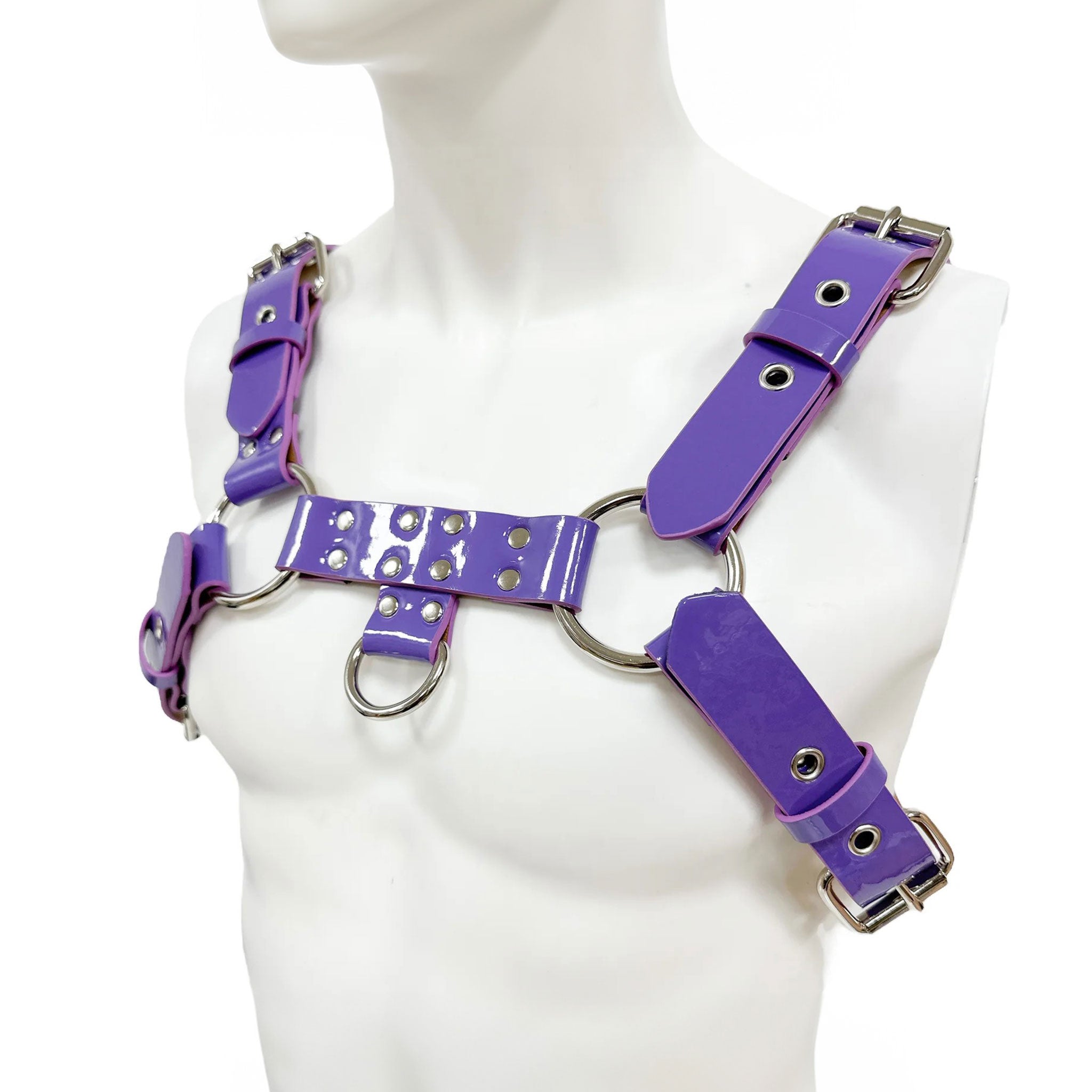 Patent leather chest harness top bulldog D-ring O-ring buckled unisex costume pet training accessories purple