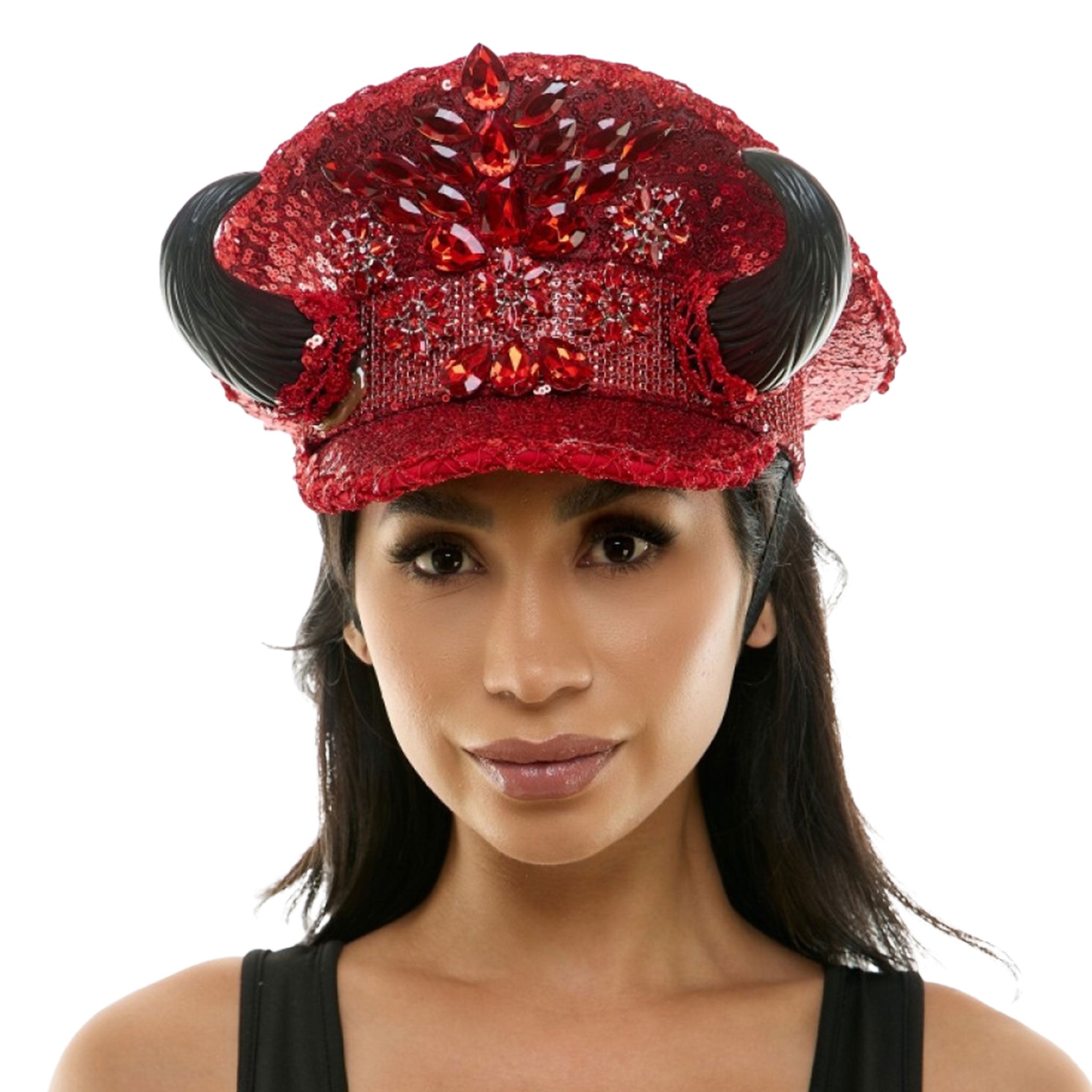 Red Rhinestones Devil Horns Hat