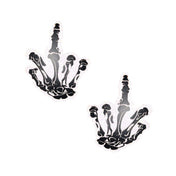 Adhesive medical-grade swimsuit-material glitter accessories intimates nipple pasties nipple-pasties nipple-covers breast-covers breast-shields skeleton bone bony hand middle-finger gesture rude-gesture spooky scary eerie daring rebellious fuck-you fetish fashion alt-fashion goth gothic punk rave ravewear dark-raver festival costume cosplay halloween unisex black white