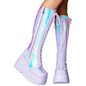 Leather vegan-leather accessories footwear boots platform-boots chunky-platform lace-up knee-high knee-hi zipper side-zip inside-zip embroidered-logo textured-outsole lightweight cute fetish fashion alt-fashion rave ravewear raver-babe clubwear cyber cyberpunk cybergoth festival costume cosplay halloween fairy fairy-kiss female femme feminine womens lavender iridescent iridescent-python