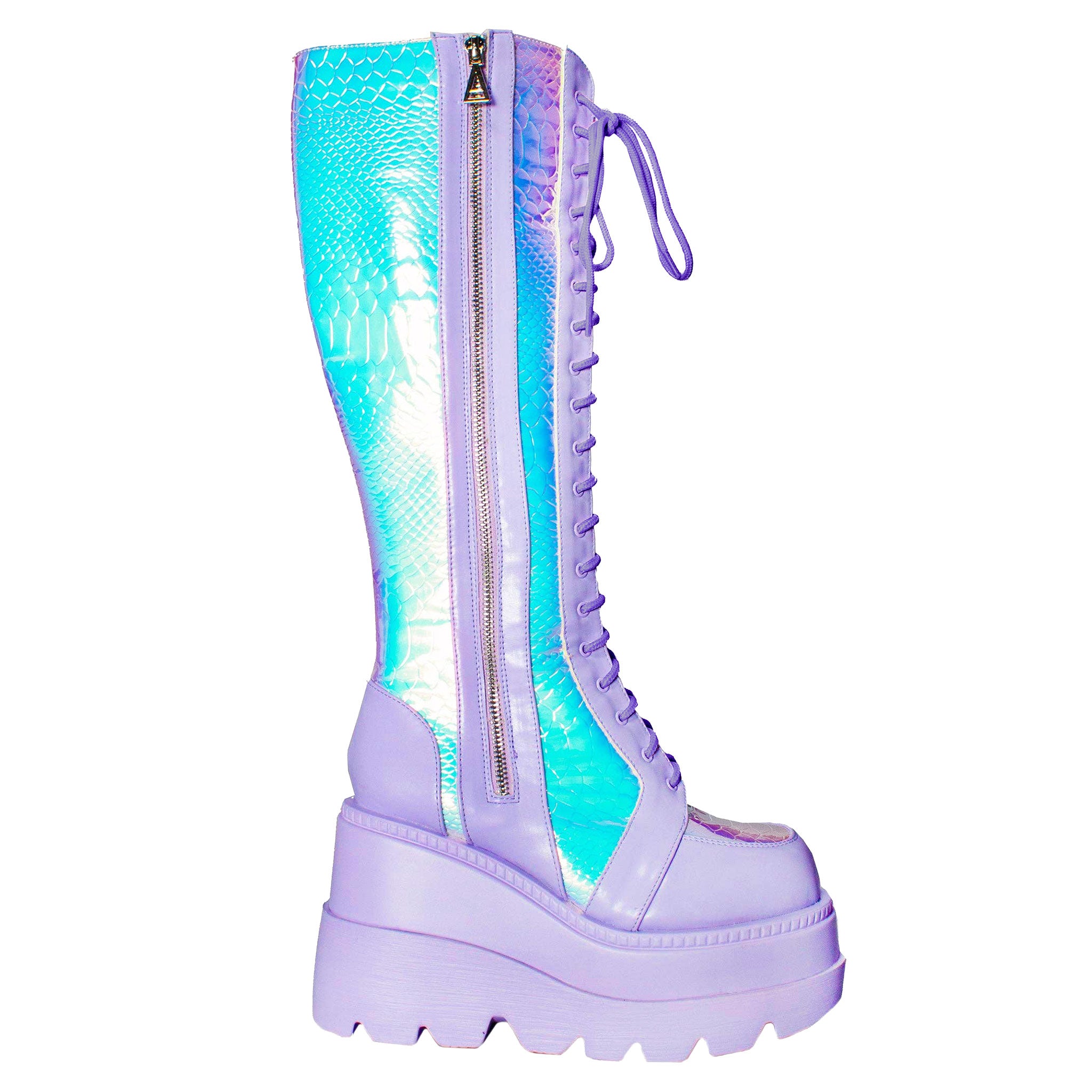 Leather vegan-leather accessories footwear boots platform-boots chunky-platform lace-up knee-high knee-hi zipper side-zip inside-zip embroidered-logo textured-outsole lightweight cute fetish fashion alt-fashion rave ravewear raver-babe clubwear cyber cyberpunk cybergoth festival costume cosplay halloween fairy fairy-kiss female femme feminine womens lavender iridescent iridescent-python