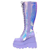 Leather vegan-leather accessories footwear boots platform-boots chunky-platform lace-up knee-high knee-hi zipper side-zip inside-zip embroidered-logo textured-outsole lightweight cute fetish fashion alt-fashion rave ravewear raver-babe clubwear cyber cyberpunk cybergoth festival costume cosplay halloween fairy fairy-kiss female femme feminine womens lavender iridescent iridescent-python