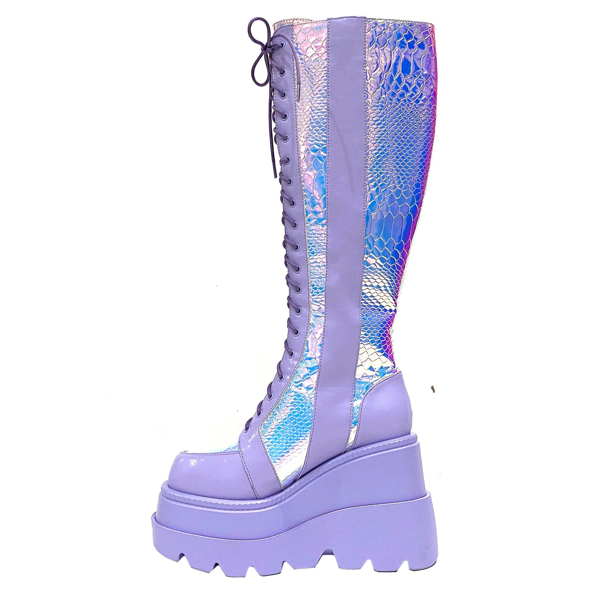 Leather vegan-leather accessories footwear boots platform-boots chunky-platform lace-up knee-high knee-hi zipper side-zip inside-zip embroidered-logo textured-outsole lightweight cute fetish fashion alt-fashion rave ravewear raver-babe clubwear cyber cyberpunk cybergoth festival costume cosplay halloween fairy fairy-kiss female femme feminine womens lavender iridescent iridescent-python