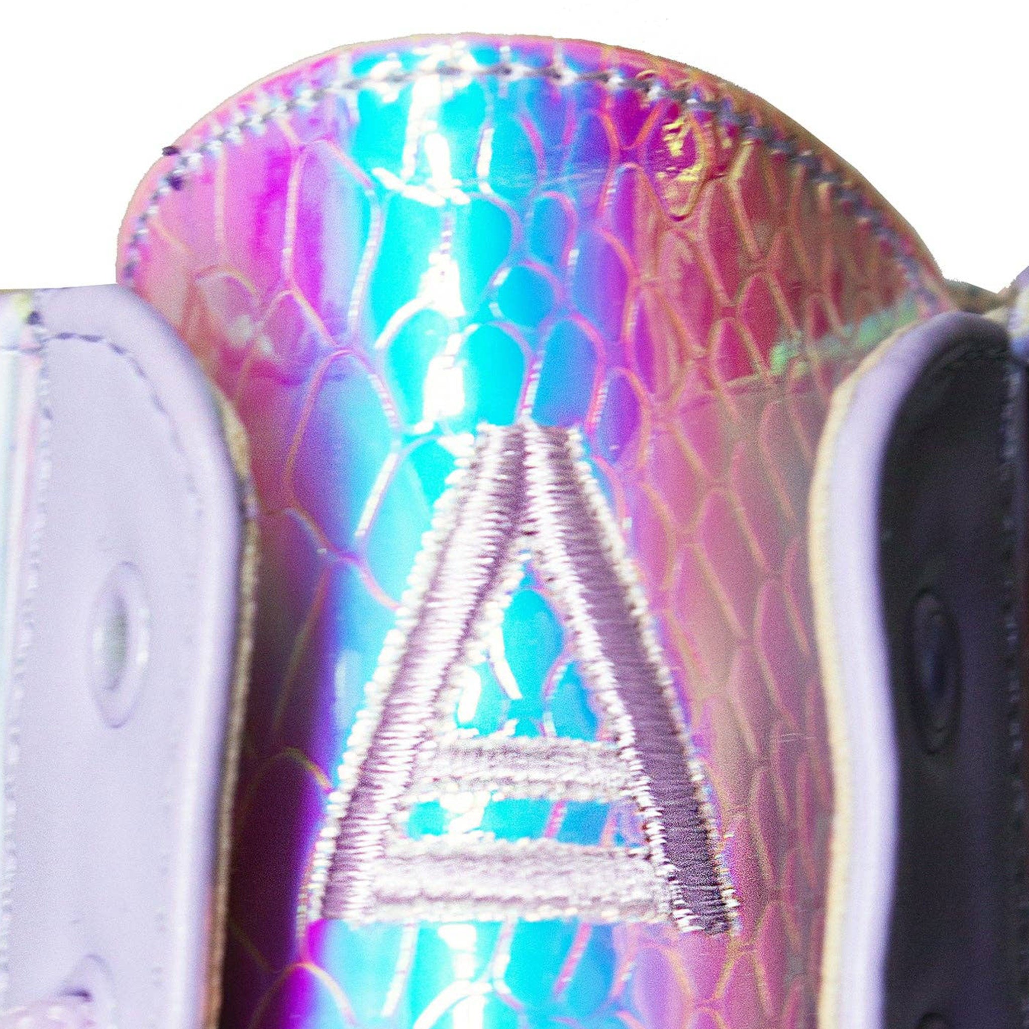 Leather vegan-leather accessories footwear boots platform-boots chunky-platform lace-up knee-high knee-hi zipper side-zip inside-zip embroidered-logo textured-outsole lightweight cute fetish fashion alt-fashion rave ravewear raver-babe clubwear cyber cyberpunk cybergoth festival costume cosplay halloween fairy fairy-kiss female femme feminine womens lavender iridescent iridescent-python