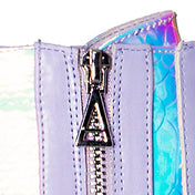 Leather vegan-leather accessories footwear boots platform-boots chunky-platform lace-up knee-high knee-hi zipper side-zip inside-zip embroidered-logo textured-outsole lightweight cute fetish fashion alt-fashion rave ravewear raver-babe clubwear cyber cyberpunk cybergoth festival costume cosplay halloween fairy fairy-kiss female femme feminine womens lavender iridescent iridescent-python