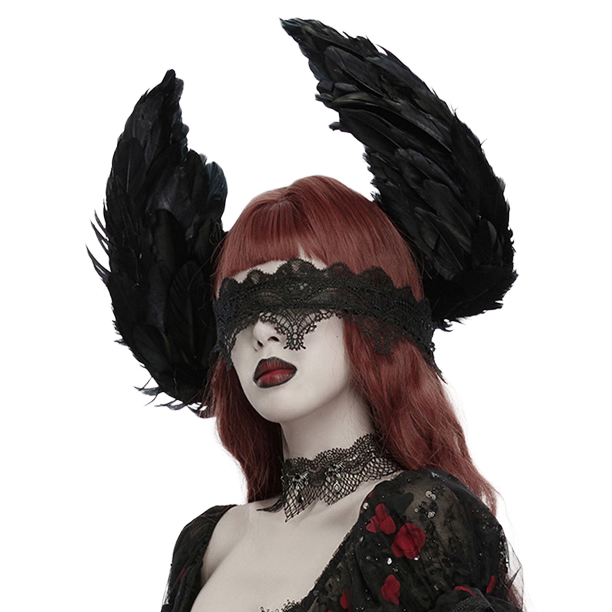 Velcro polyester lace mesh feathers chicken-feathers see-through see-thru accessories head-gear head-piece headband hair-clips feathered rose adjustable distinctive layered dark sweet fetish fashion alt-fashion alternative goth gothic fantasy festival pet-play avian bird chicken costume cosplay halloween halloween-accessories fallen-angel afterdark-collection unisex black