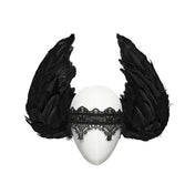 Velcro polyester lace mesh feathers chicken-feathers see-through see-thru accessories head-gear head-piece headband hair-clips feathered rose adjustable distinctive layered dark sweet fetish fashion alt-fashion alternative goth gothic fantasy festival pet-play avian bird chicken costume cosplay halloween halloween-accessories fallen-angel afterdark-collection unisex black