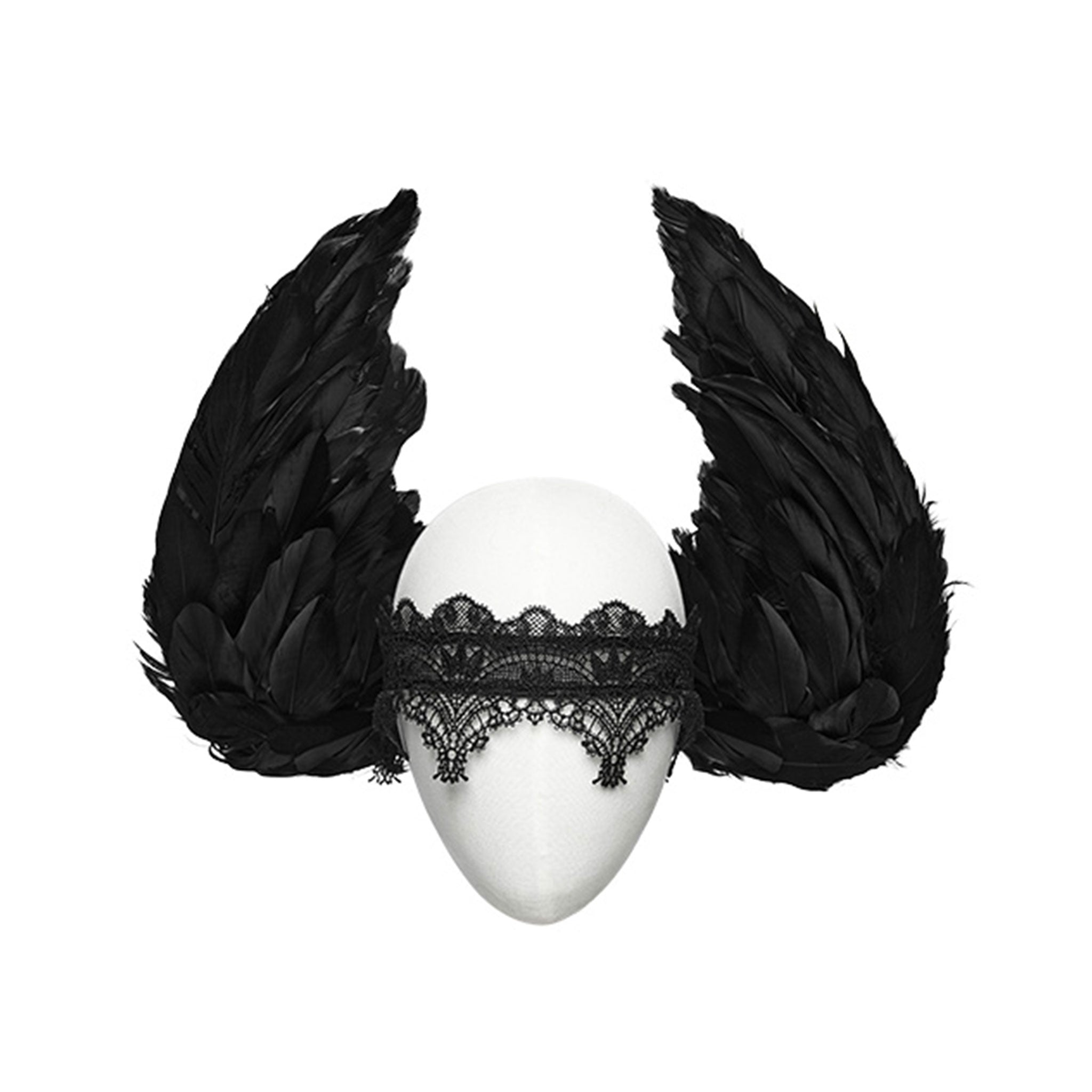 Velcro polyester lace mesh feathers chicken-feathers see-through see-thru accessories head-gear head-piece headband hair-clips feathered rose adjustable distinctive layered dark sweet fetish fashion alt-fashion alternative goth gothic fantasy festival pet-play avian bird chicken costume cosplay halloween halloween-accessories fallen-angel afterdark-collection unisex black