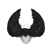 Velcro polyester lace mesh feathers chicken-feathers see-through see-thru accessories head-gear head-piece headband hair-clips feathered rose adjustable distinctive layered dark sweet fetish fashion alt-fashion alternative goth gothic fantasy festival pet-play avian bird chicken costume cosplay halloween halloween-accessories fallen-angel afterdark-collection unisex black