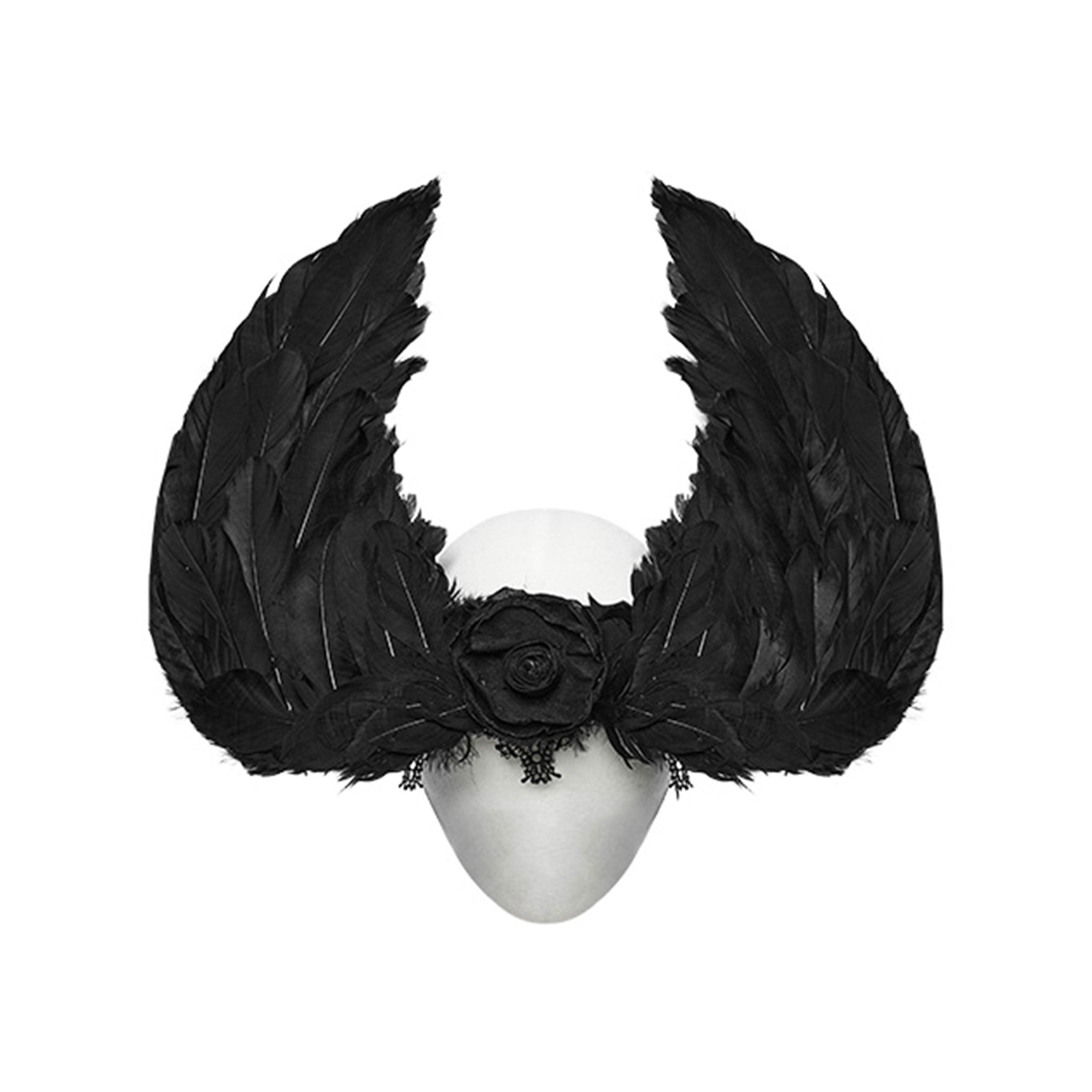 Velcro polyester lace mesh feathers chicken-feathers see-through see-thru accessories head-gear head-piece headband hair-clips feathered rose adjustable distinctive layered dark sweet fetish fashion alt-fashion alternative goth gothic fantasy festival pet-play avian bird chicken costume cosplay halloween halloween-accessories fallen-angel afterdark-collection unisex black