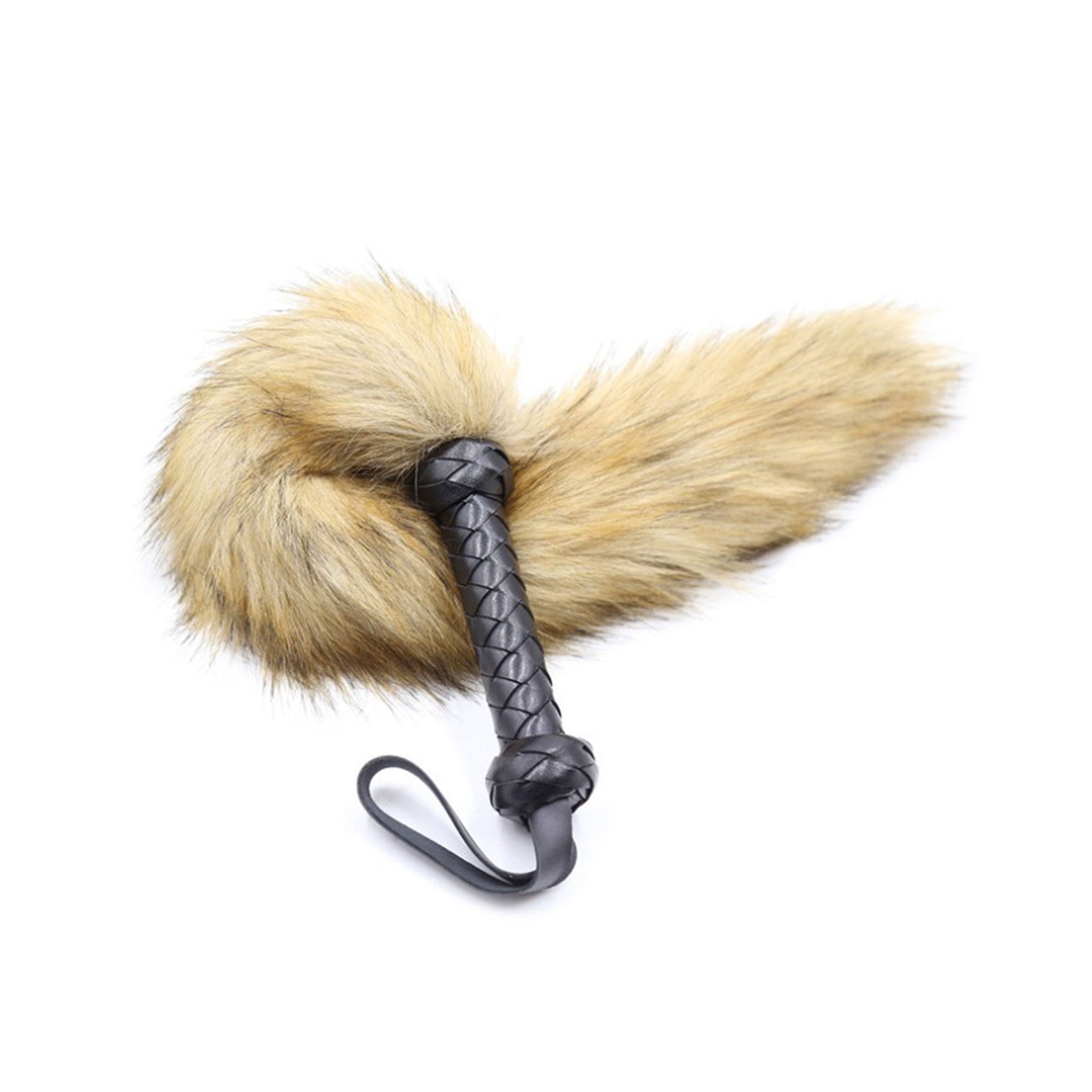 Fur faux-fur leather faux-leather vegan-leather woven-leather accessories bedroom-weapon whip flogger woven-handle leather-handle fur-tail fox-tail wrist-loop vegan-friendly vegan-safe playful fetish fashion alt-fashion bondage bdsm bdsm-toys bdsm-gear kink kinky kinky-toys kinky-play impact impact-toys impact-play sensory sensory-play teasing animal animal-inspired fox roleplay role-play furry yiff costume cosplay adult-toys unisex brown