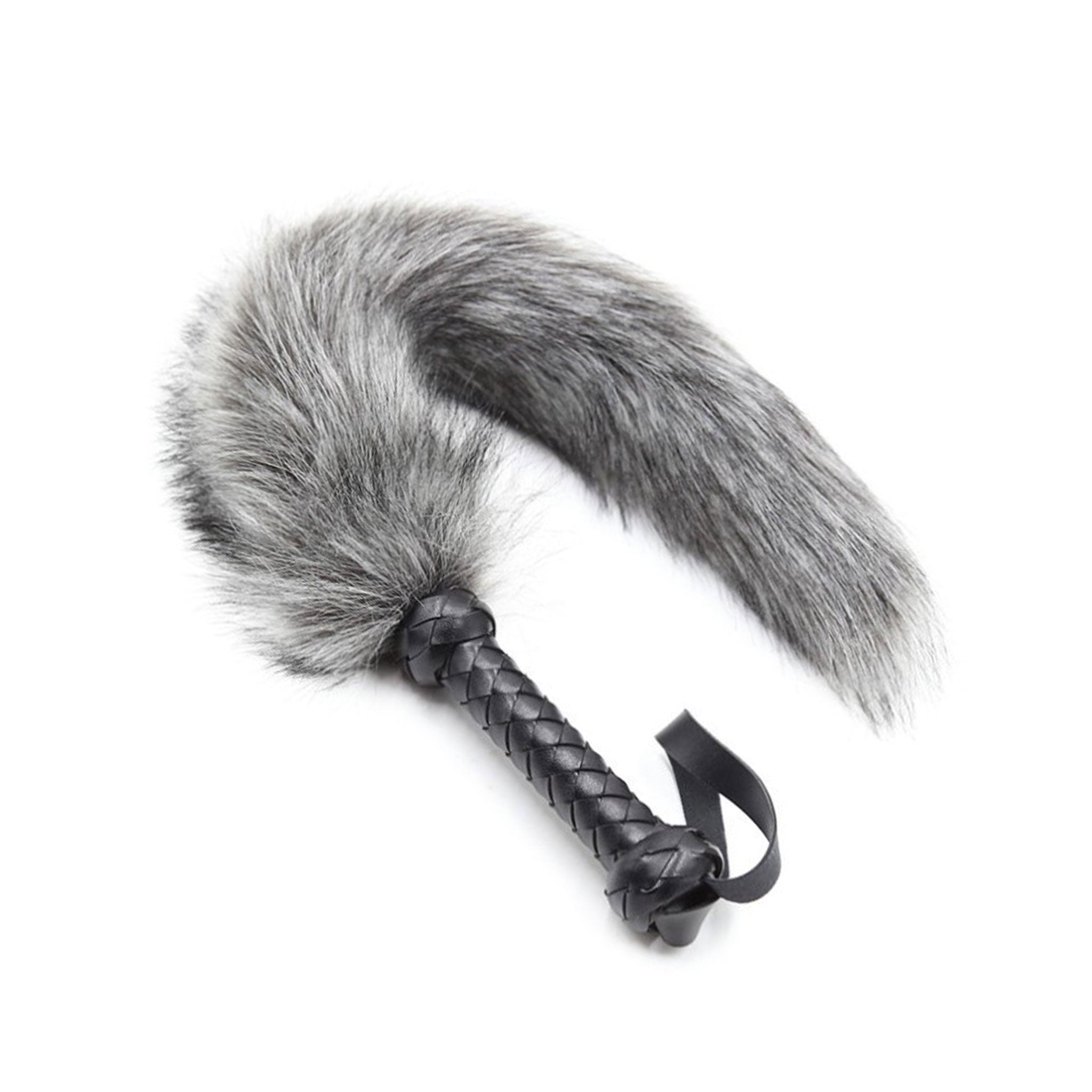 Fur faux-fur leather faux-leather vegan-leather woven-leather accessories bedroom-weapon whip flogger woven-handle leather-handle fur-tail fox-tail wrist-loop vegan-friendly vegan-safe playful fetish fashion alt-fashion bondage bdsm bdsm-toys bdsm-gear kink kinky kinky-toys kinky-play impact impact-toys impact-play sensory sensory-play teasing animal animal-inspired fox roleplay role-play furry yiff costume cosplay adult-toys unisex gray