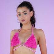 Acrylic faux-fur top bikini-top triangle-top tie-back halter-neck halterneck adjustable lightweight comfortable sparkly glittery soft bold daring fluffy furry fuzzy sexy fabulous fashionista raver rave-babe ravewear festival costume cosplay halloween female femme feminine women pink hot-pink glitter